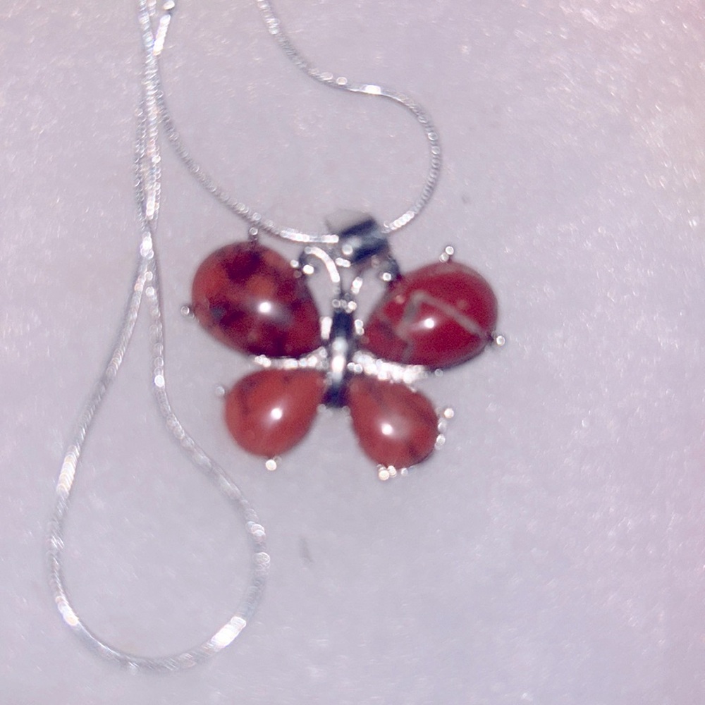 Boho hippie Red Jasper Butterfly Sterling Silver 30" Necklace